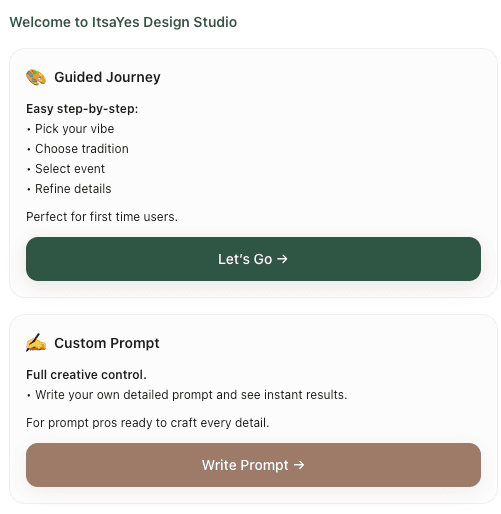 ItsaYes design studio interface showing guided steps and AI prompt options for creating wedding moodboards