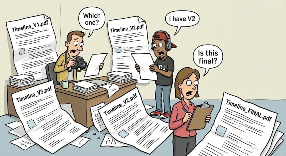 Infographic showing version control problems with multiple PDF wedding timeline files