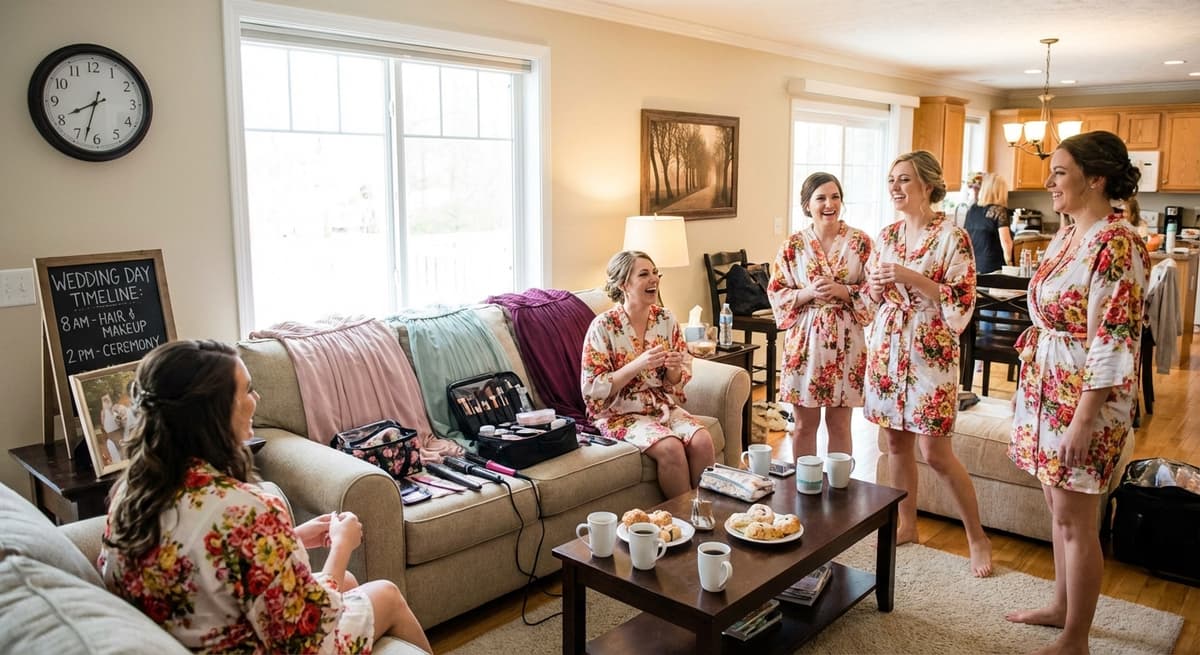 Bridesmaids getting ready together on wedding morning, wearing floral robes and sharing a relaxed moment before the ceremony