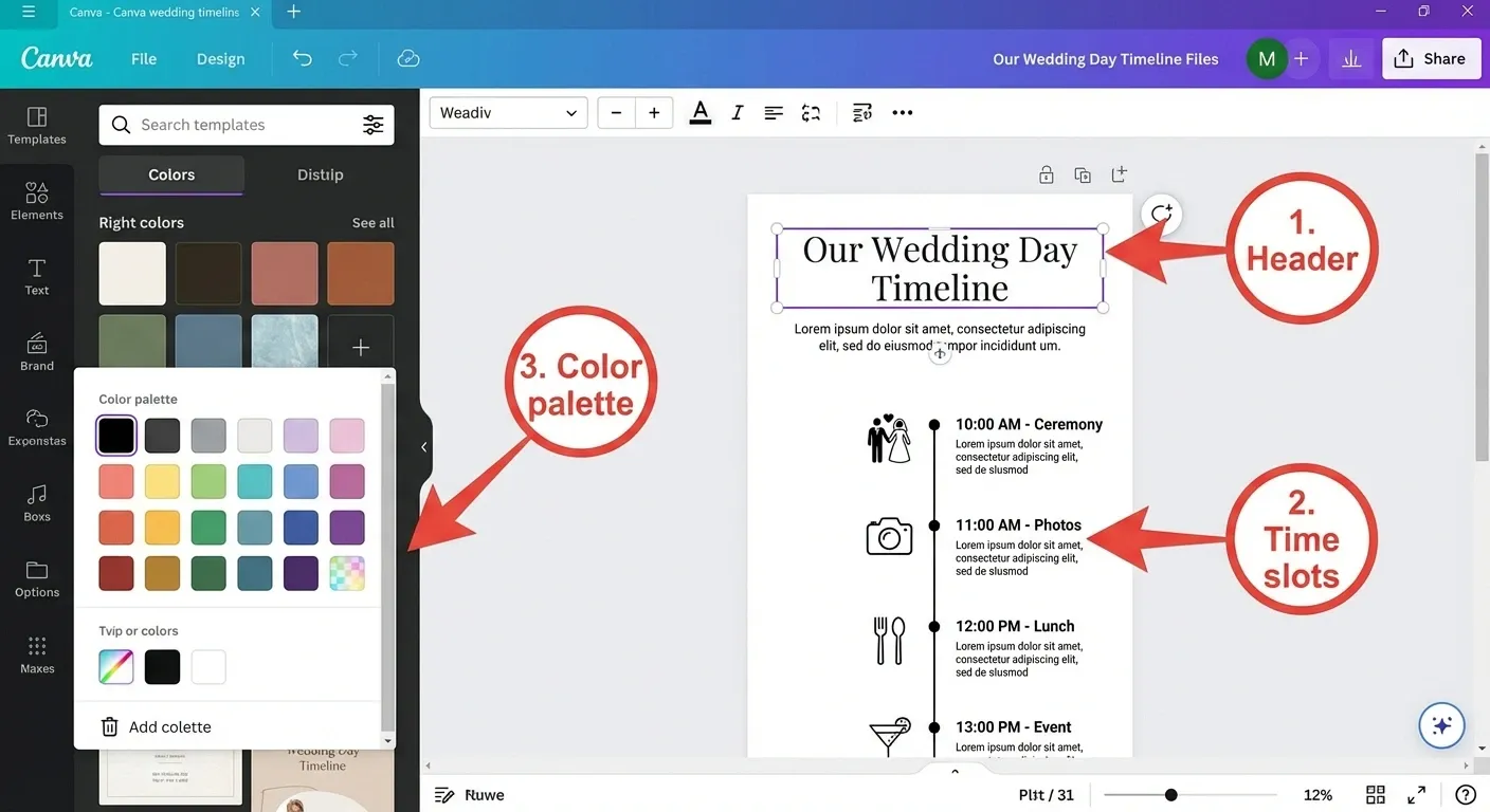 Screenshot tutorial of editing a wedding timeline template in Canva editor interface