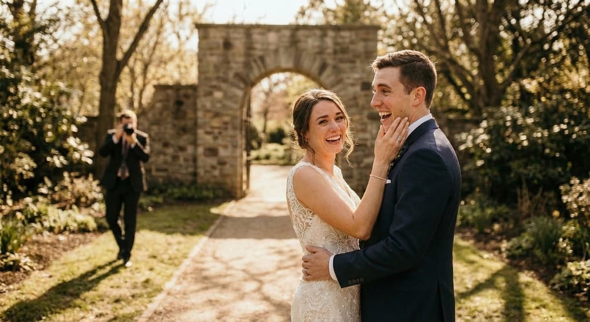Emotional wedding first look between bride and groom in an outdoor garden setting