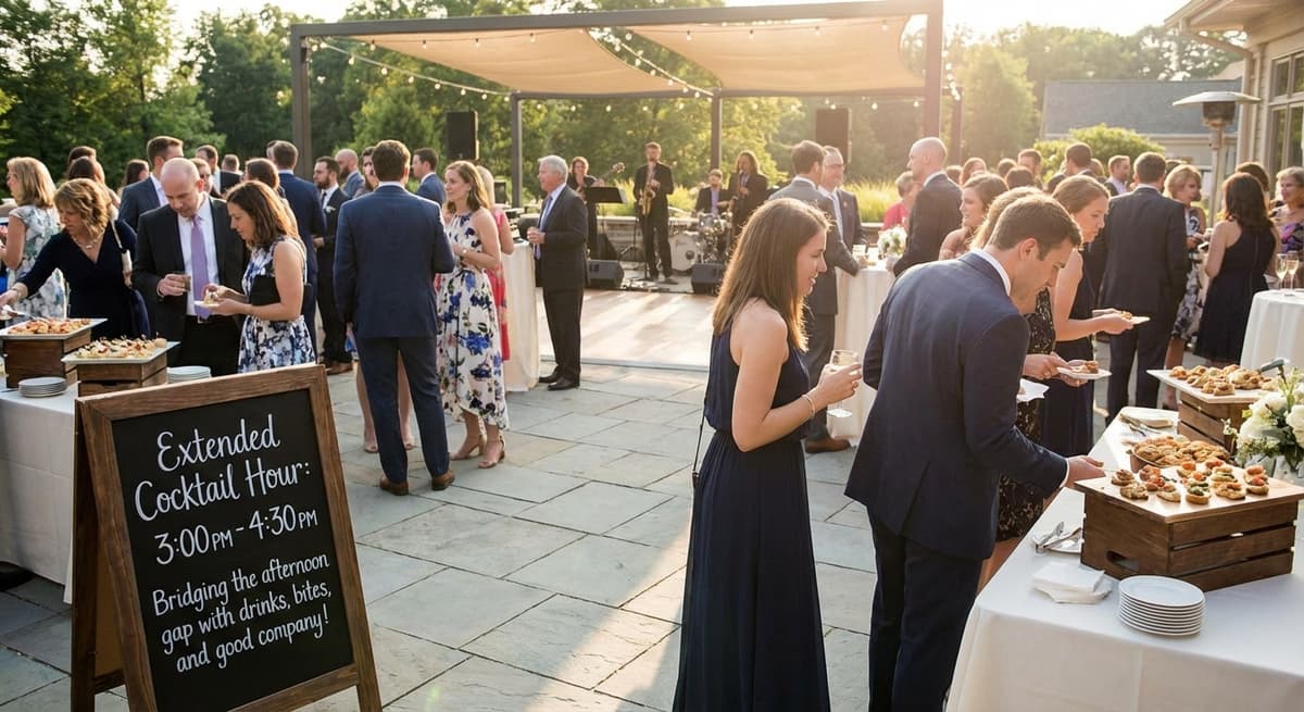 Outdoor wedding cocktail hour with guests enjoying drinks and appetizers during the reception