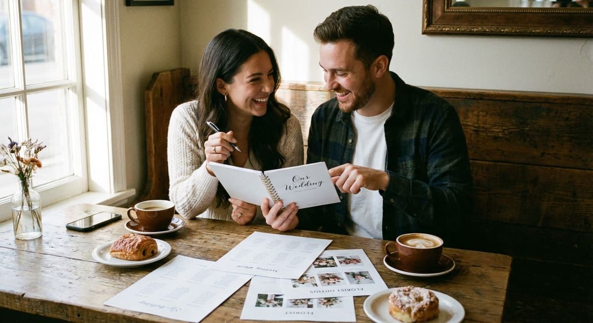 Engaged couple sitting together with coffee and wedding planning notes