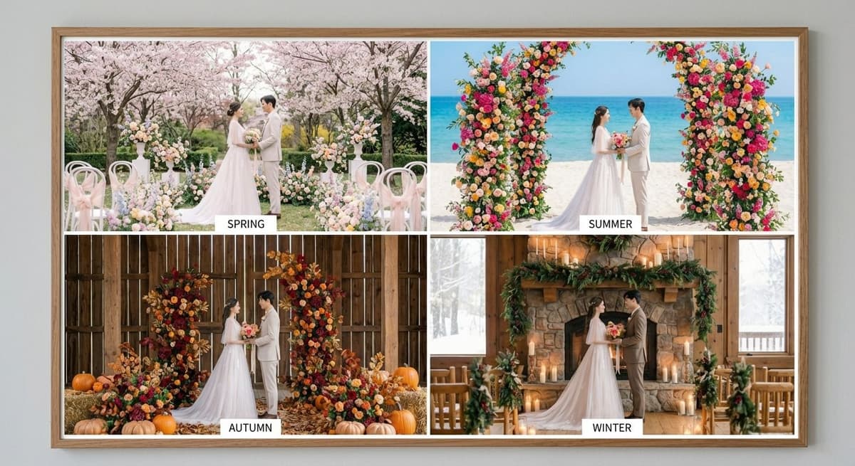 Collage showing different wedding styles across spring, summer, fall, and winter seasons