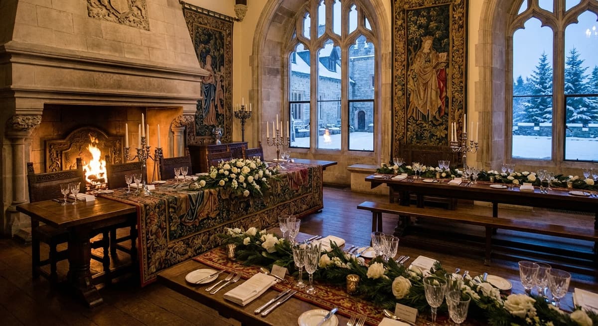 Romantic indoor wedding dinner table setup with candles and floral arrangements in a historic venue