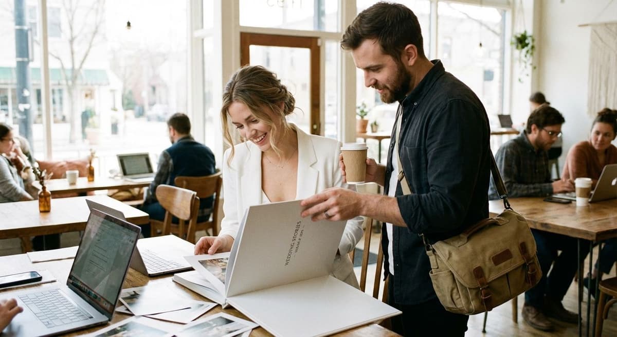 Bride and groom meeting with photographer to review their work and discuss wedding plans