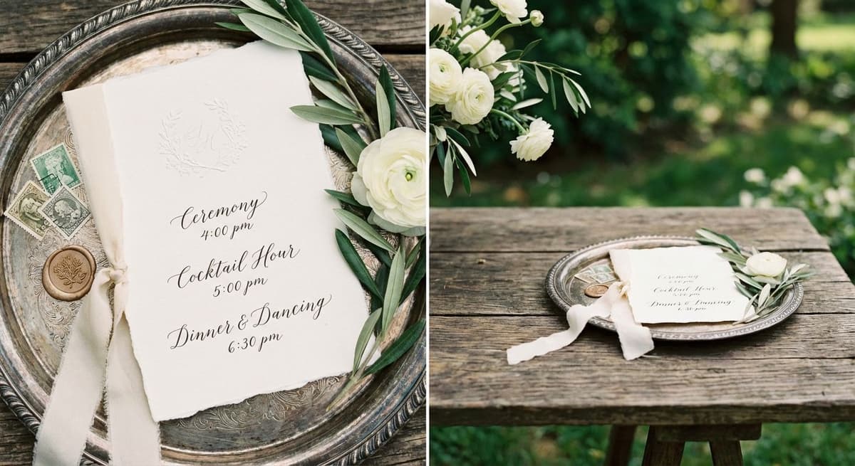 Beautifully designed wedding day timeline showing hour-by-hour schedule