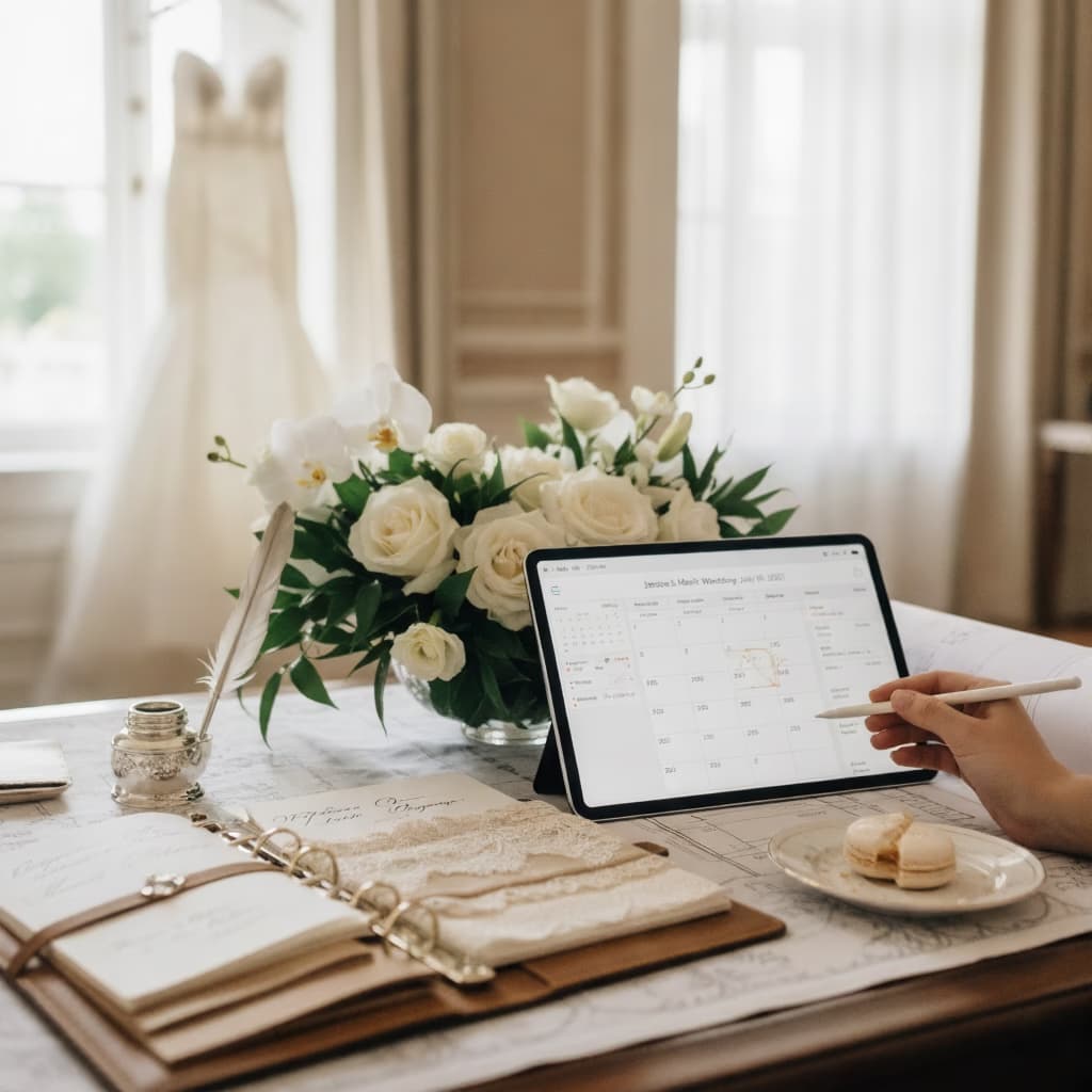 Woman planning wedding using AI wedding planning app on iPad at modern workspace