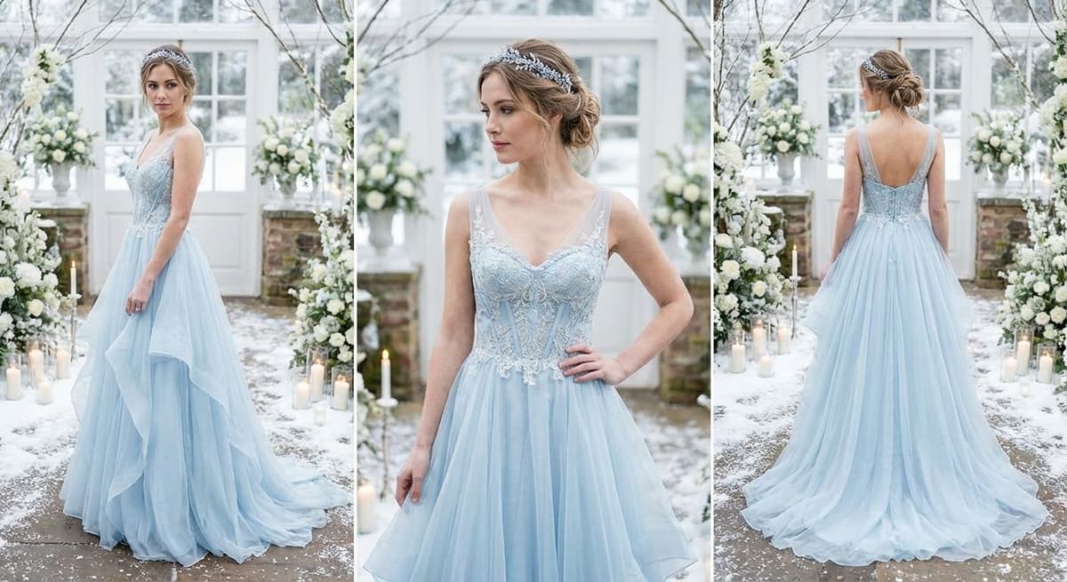 Bride wearing an Ice Blue Dress
