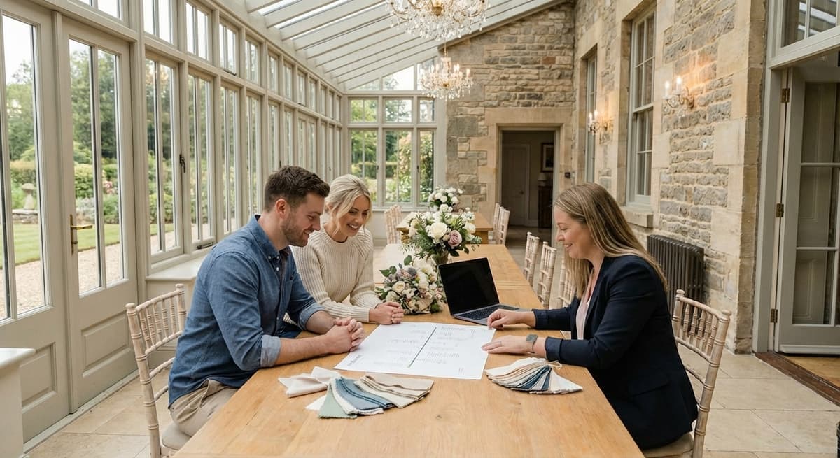 Wedding coordinator checking timeline while bride gets ready with bridesmaids in background