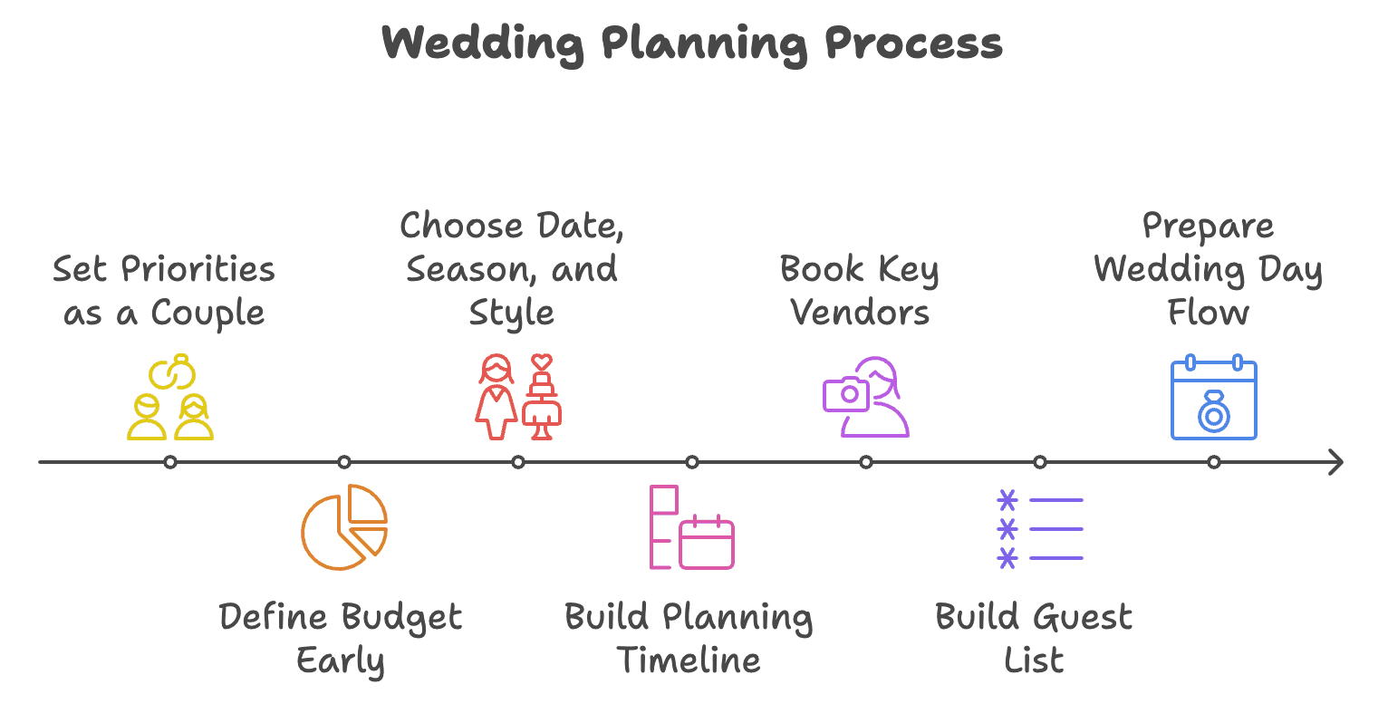 6 steps of wedding planning process described with an infography