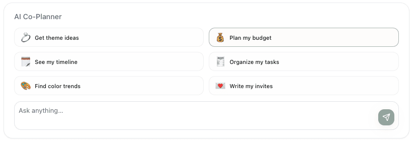 AI wedding planning assistant interface with task suggestions and approval workflow