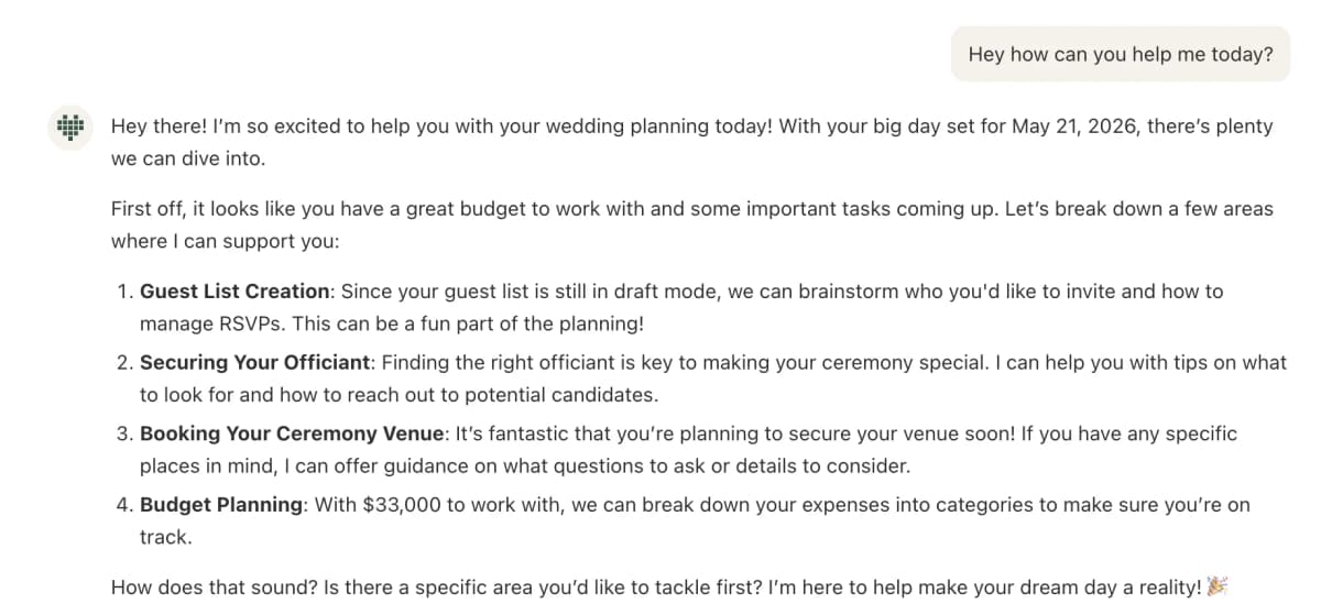 AI co-planner connected to your wedding workspace showing contextual information from tasks, vendors, guests and budget