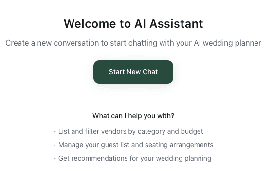 AI co-planner start interface showing welcome screen and conversation starter for wedding planning
