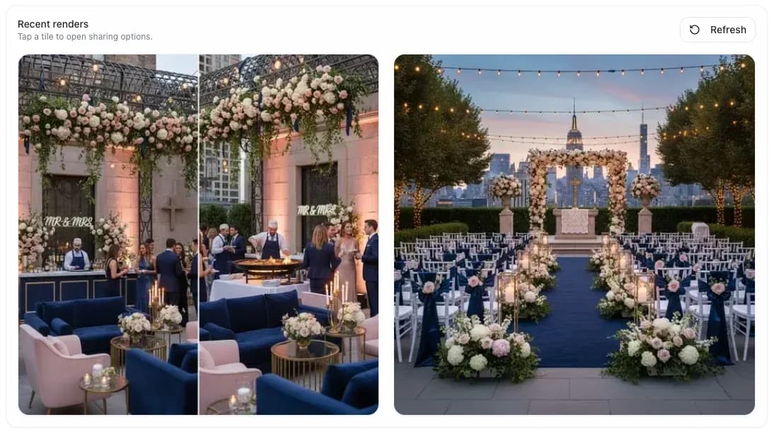 AI-generated wedding design render showing ceremony setup with elegant decor and styling