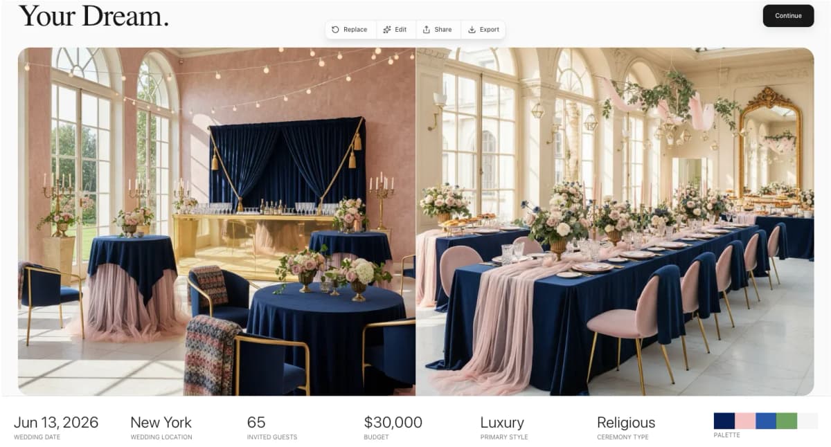 ItsaYes wedding design studio moodboard showing ceremony inspiration with images, colors and AI-generated visuals