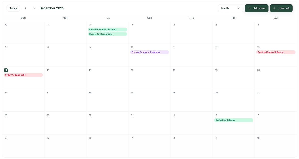 ItsaYes calendar timeline view showing wedding tasks and events organized by date with multiple view options