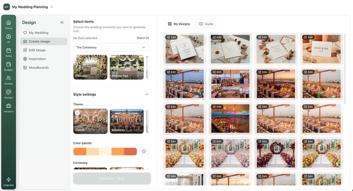 ItsaYes AI wedding planner dashboard showing design studio and planning tools
