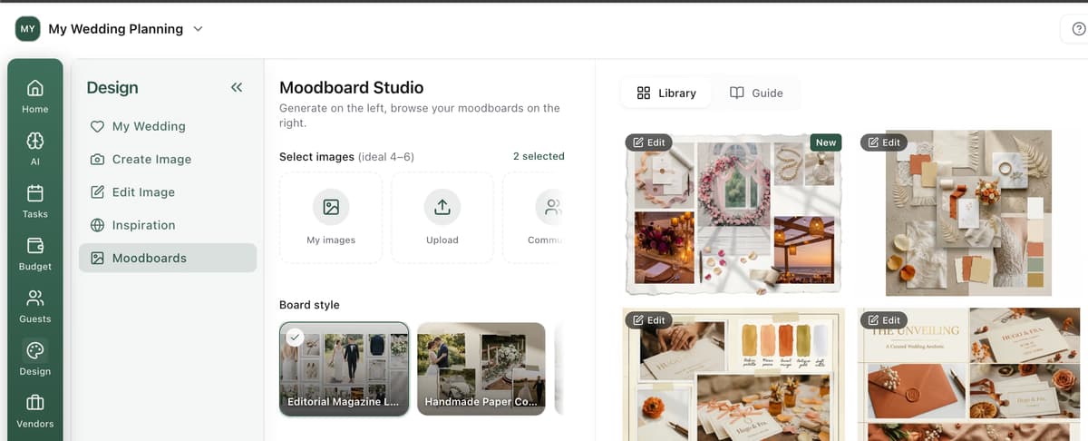ItsaYes design studio showing a complete wedding moodboard with your style applied
