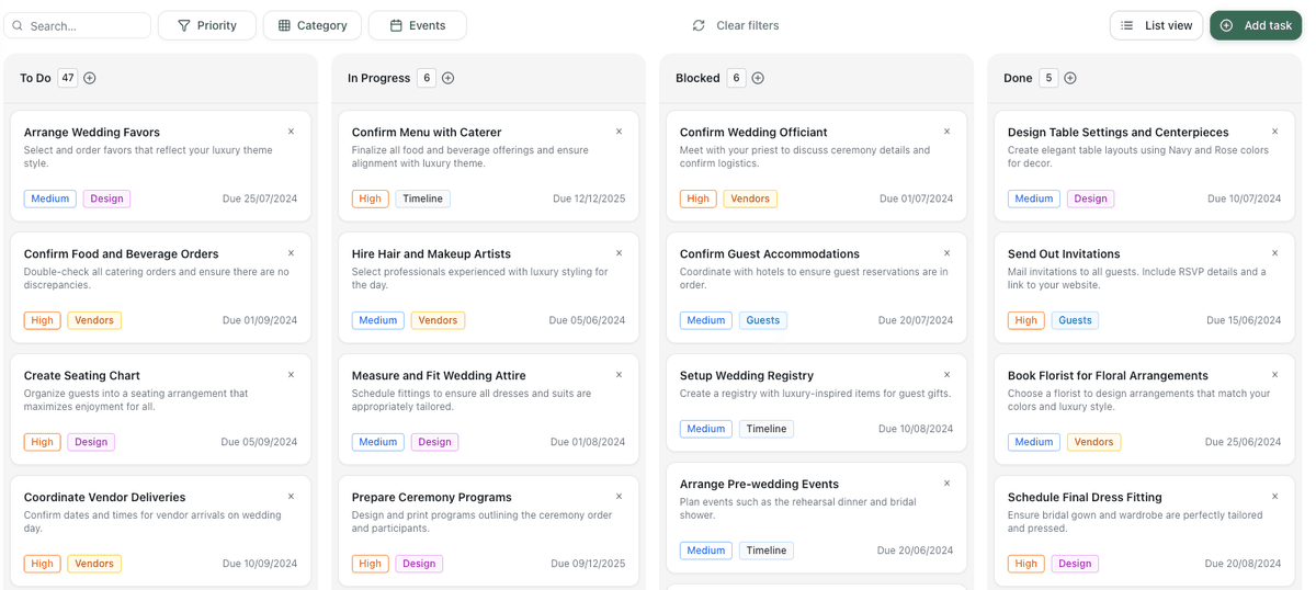 ItsaYes wedding planning board — kanban view with tasks, categories and due dates