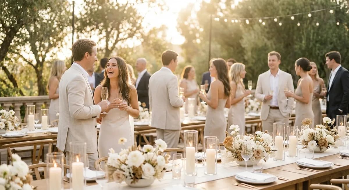Wedding reception in the evening with guests mingling, warm lighting, and a relaxed celebration atmosphere
