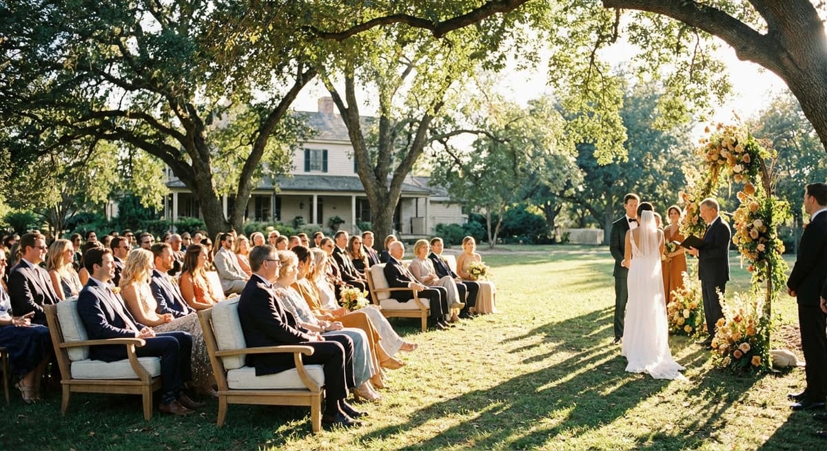 utdoor wedding ceremony at 4 PM with guests seated in white chairs, couple at altar with soft afternoon sunlight filtering through trees