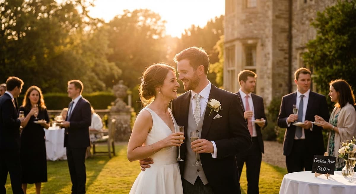 ride and groom posing for golden hour portraits during cocktail hour with warm sunset glow behind them