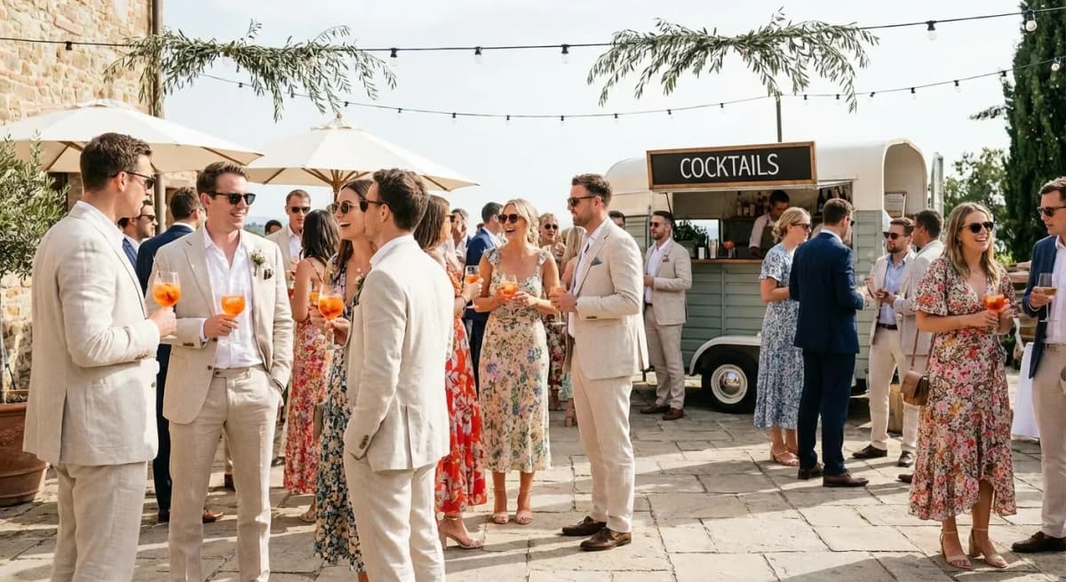 Wedding cocktail hour with guests mingling, holding drinks, and socializing before dinner
