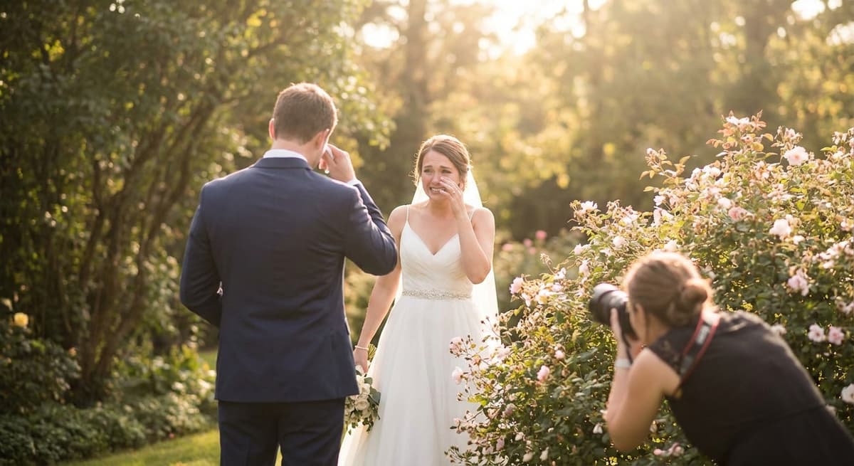 Emotional first look moment at 2 PM with groom turning to see bride in natural outdoor setting