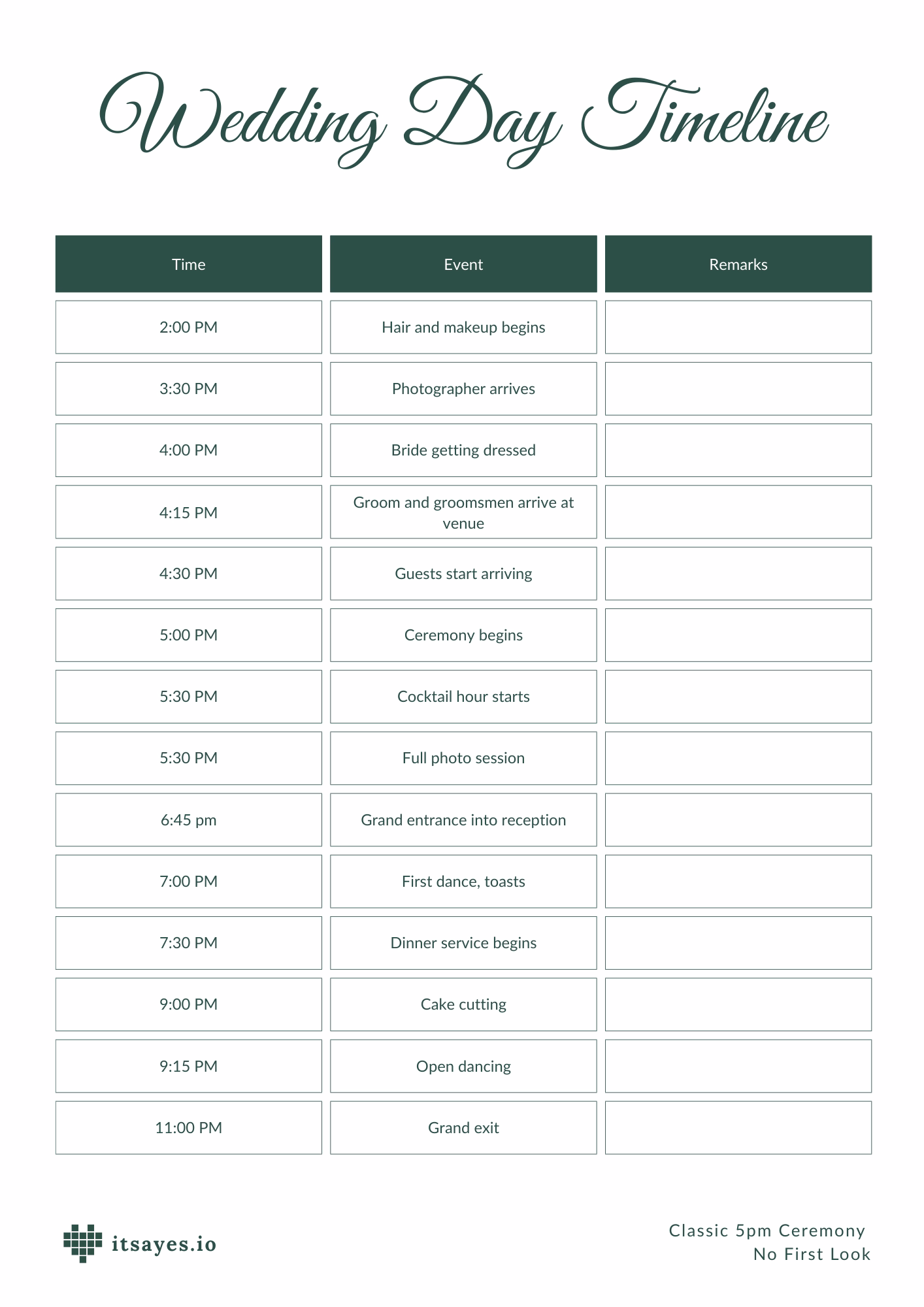 Visual timeline infographic showing 5 PM wedding ceremony schedule without first look from 2 PM to 11 PM