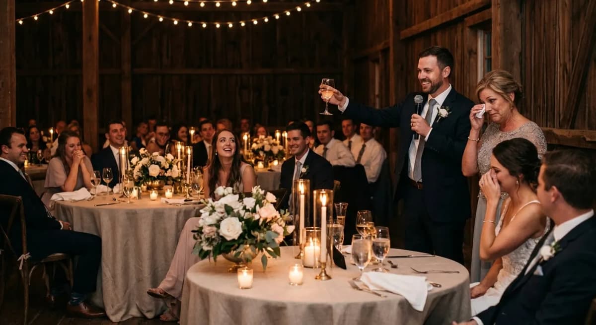 Wedding reception dinner with guests seated at tables while speeches take place