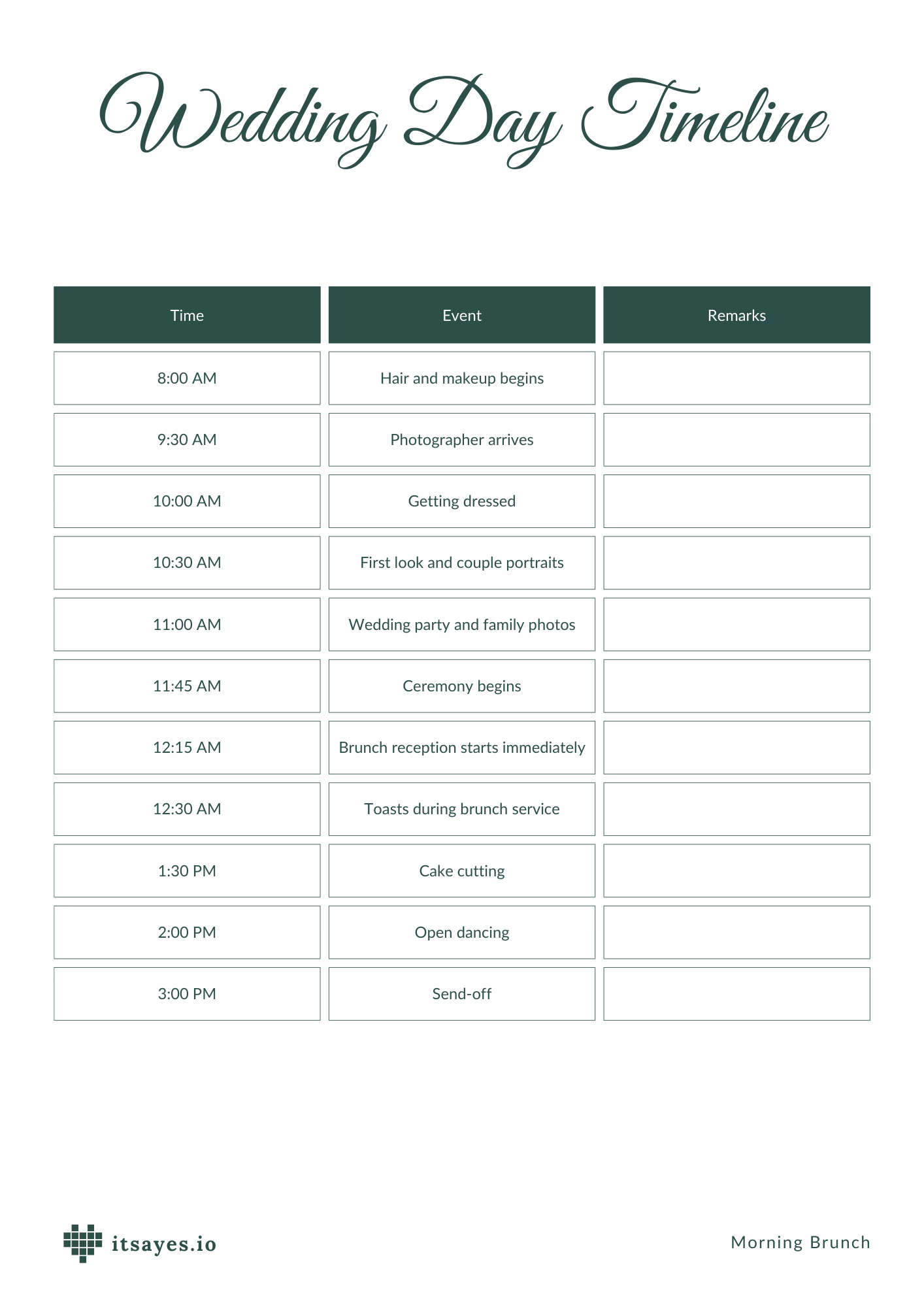 Visual timeline infographic showing morning brunch wedding schedule from 8 AM to 3 PM