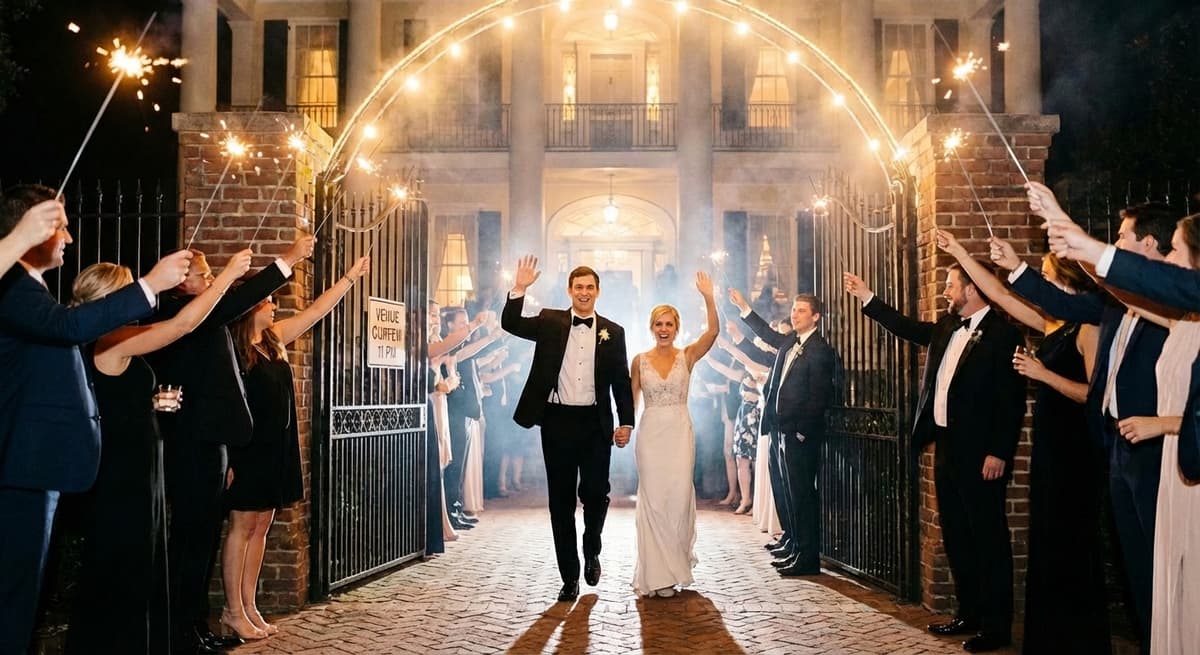 Bride and groom walking through sparkler tunnel at 10:30 PM with excited guests lining both sides