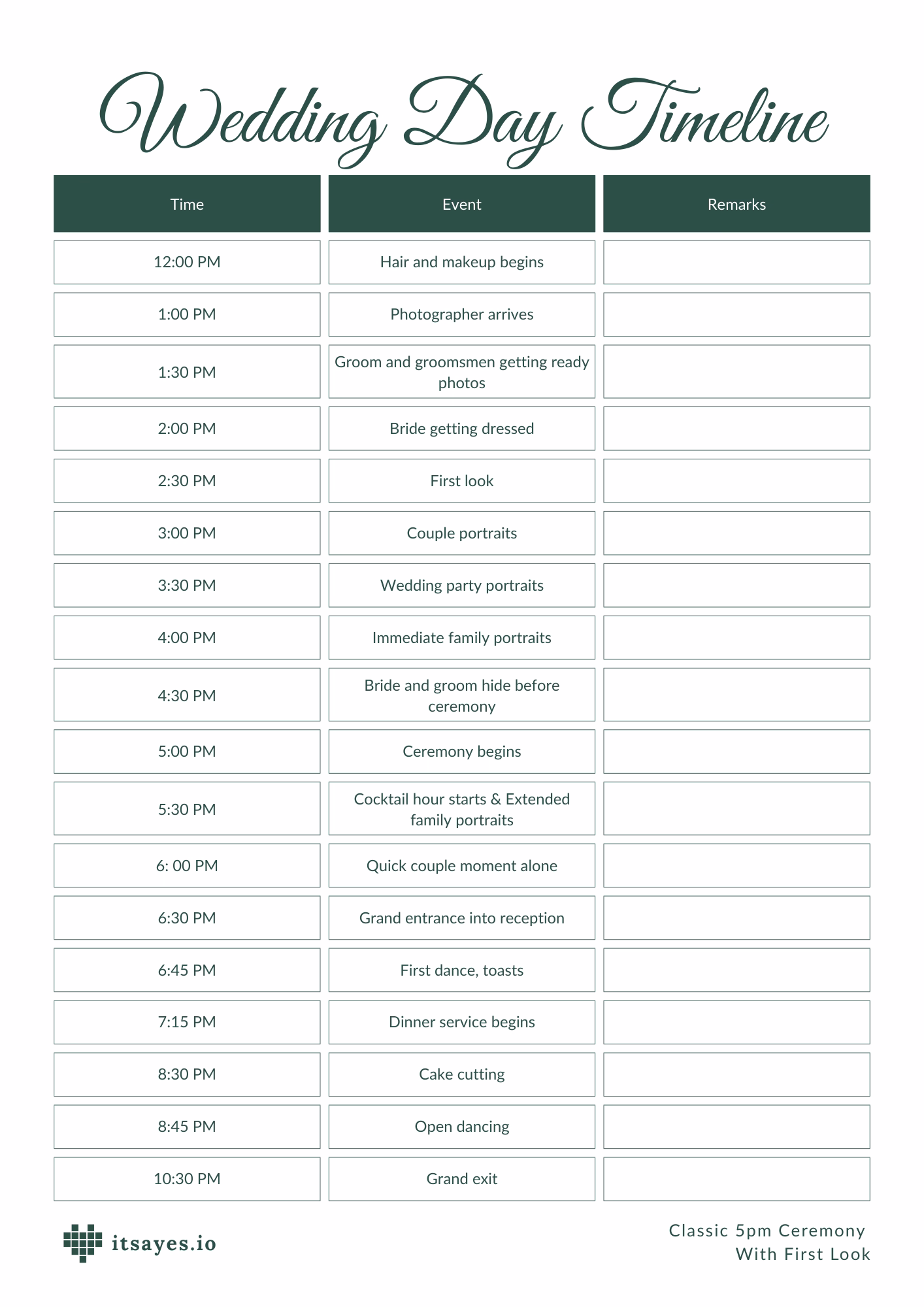 Visual timeline infographic showing 5 PM wedding ceremony schedule with first look from 12 PM to 10:30 PM
