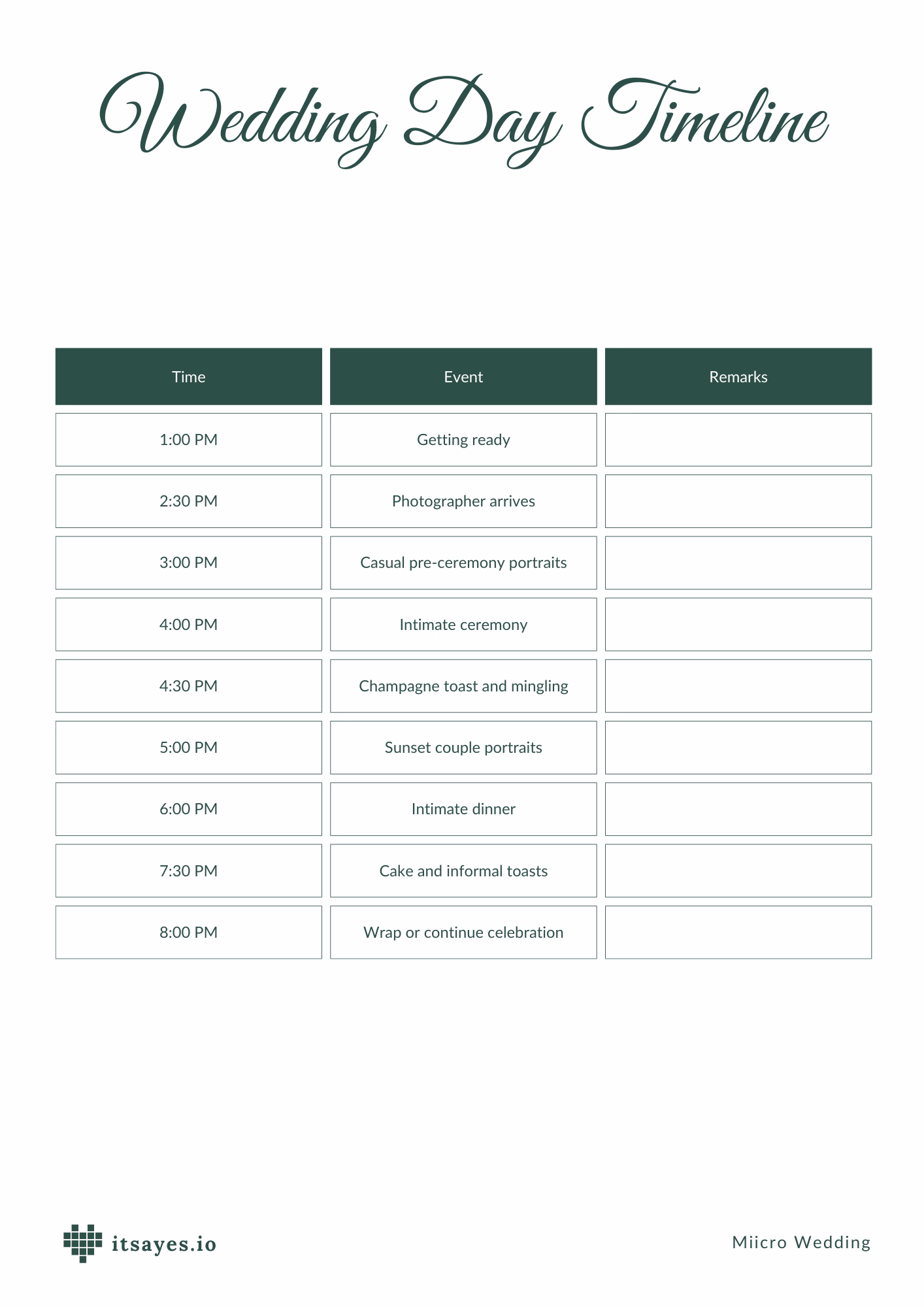 Visual timeline infographic showing intimate micro wedding schedule from 1 PM to 8 PM
