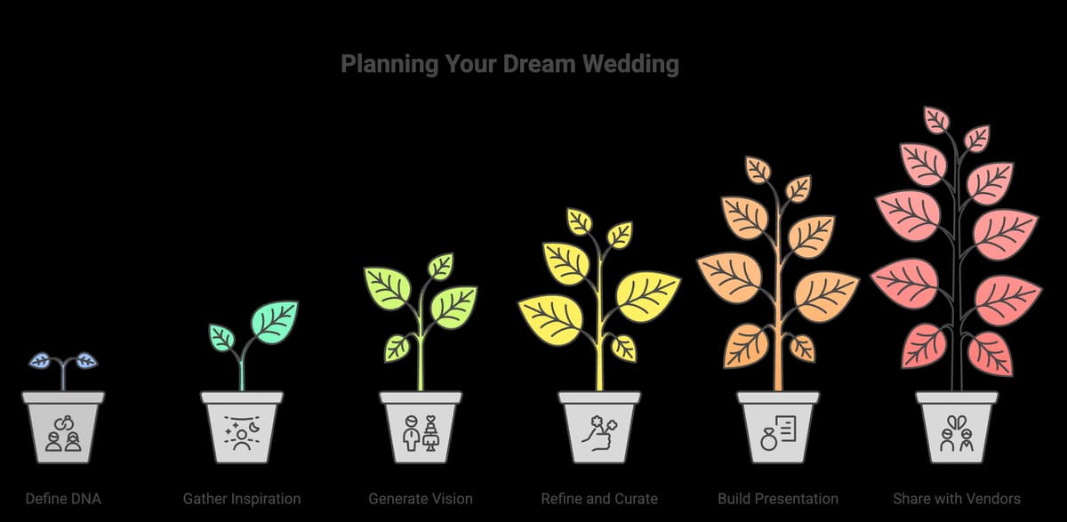 Step-by-step infographic illustrating the six stages of creating an AI wedding moodboard: Define your DNA, Gather selective inspiration, Choose your tool, Generate your vision, Refine and curate, Share with vendors