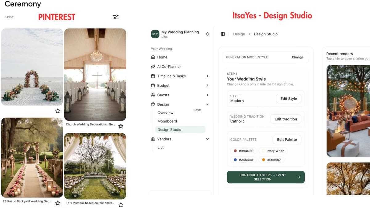 Side-by-side comparison showing a chaotic Pinterest board with mixed wedding styles versus a cohesive AI-generated wedding moodboard with unified color palette and aesthetic