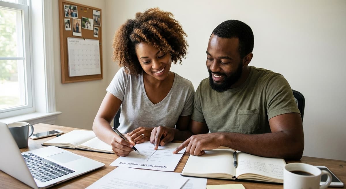 Engaged couple reviewing printed wedding timeline together at home office desk
