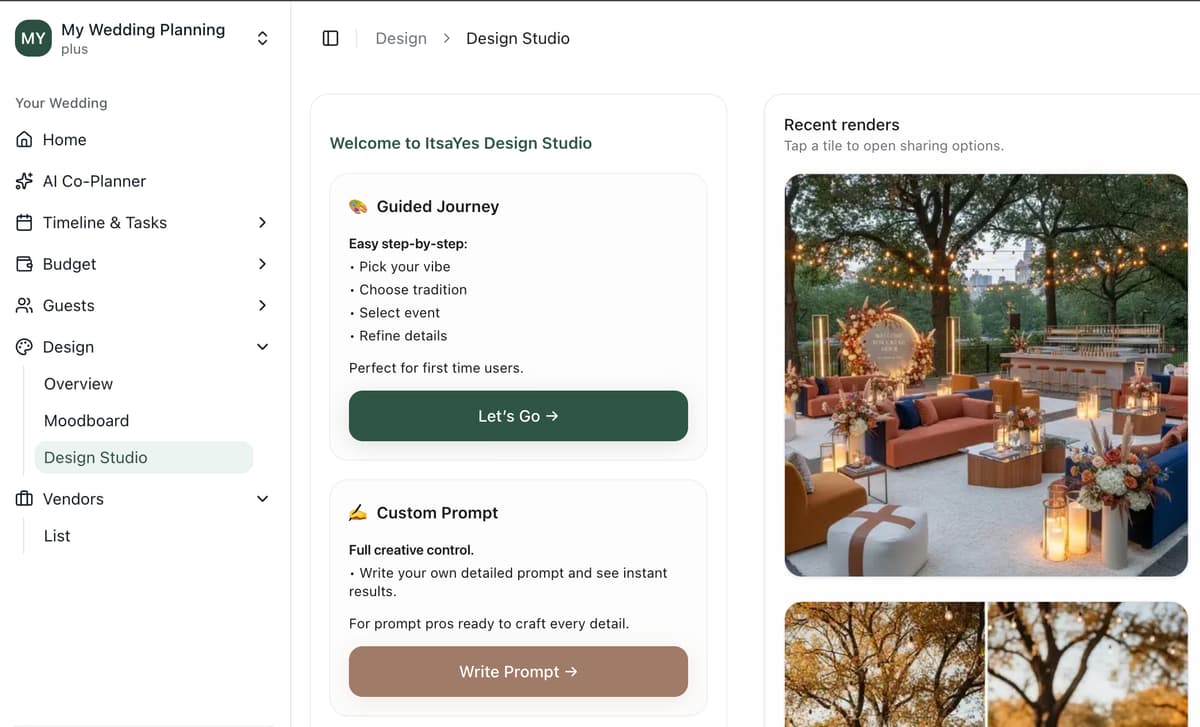 Screenshot of ItsaYes Design Studio interface showing the 3-step guided process with style selection, event type choice, and detail customization options