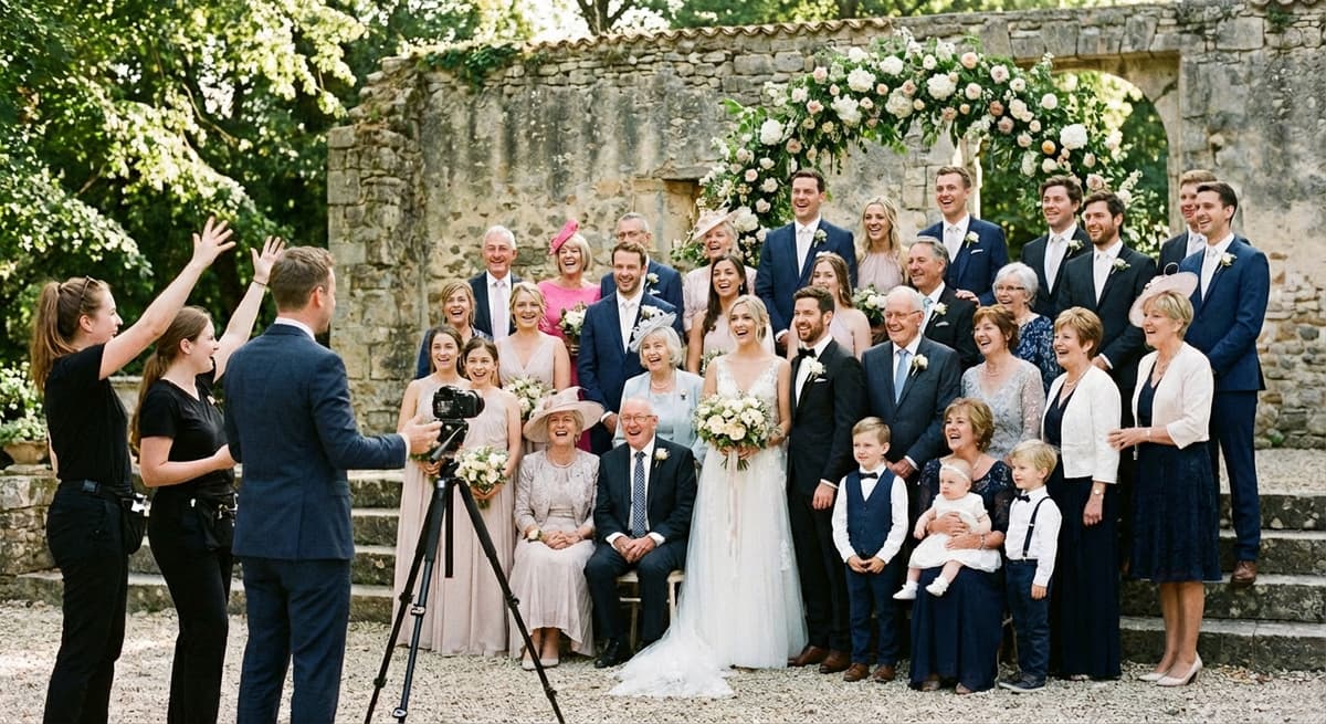 Large extended family group photo at wedding ceremony with photographer directing everyone