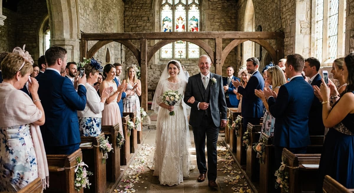 Bride walking down aisle during wedding ceremony with guests standing and watching