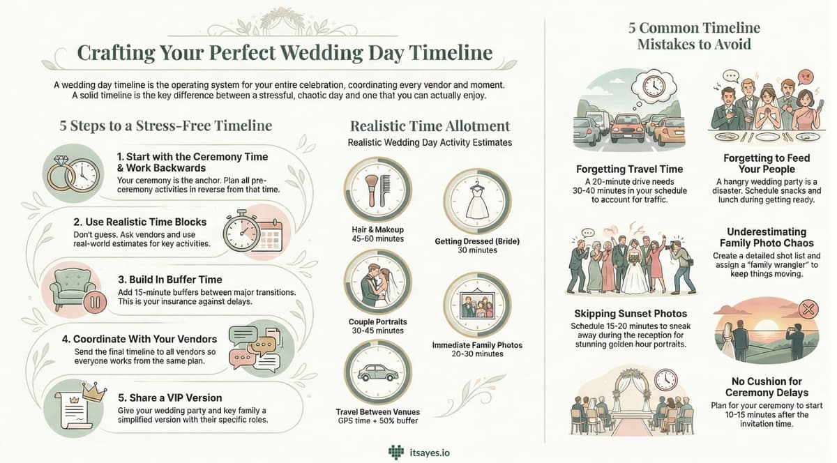 Modern wedding day timeline infographic showing an hour-by-hour schedule from getting ready to reception, designed in a clean minimalist style for brides planning their wedding day.