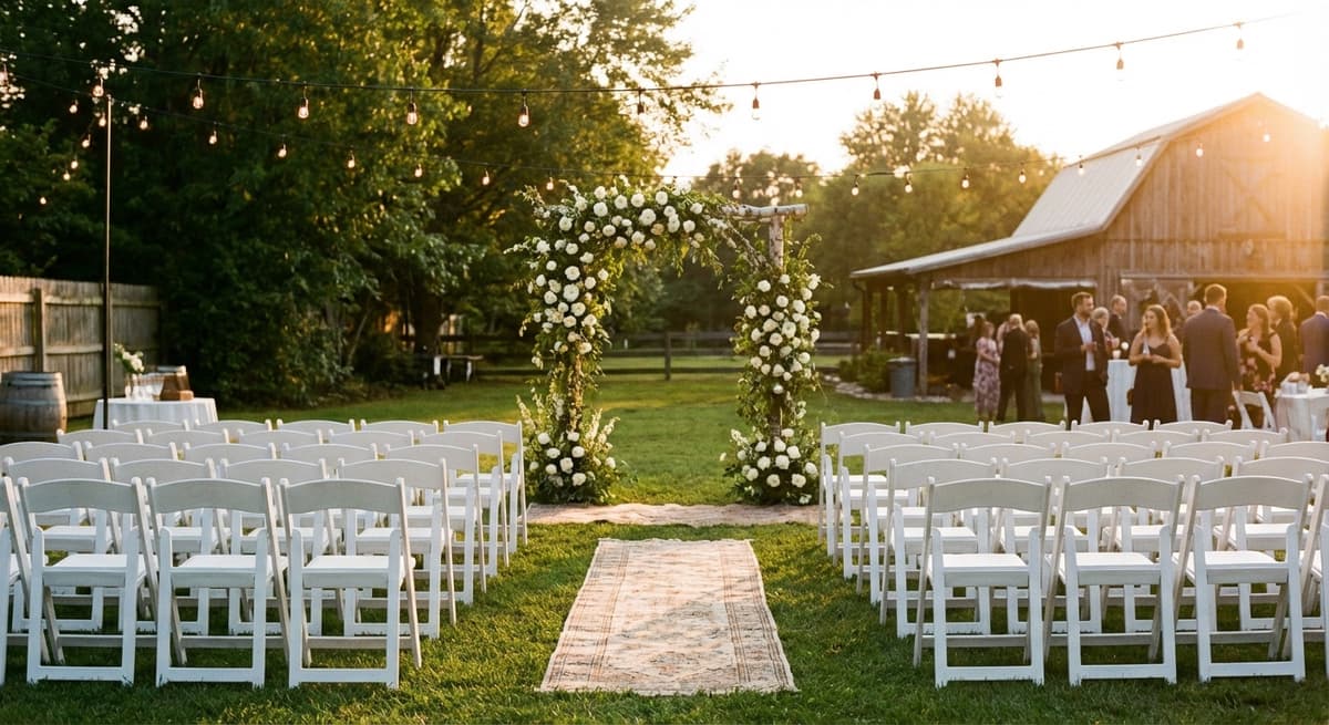 Outdoor backyard wedding ceremony setup with white chairs, floral arch, and string lights during golden hour