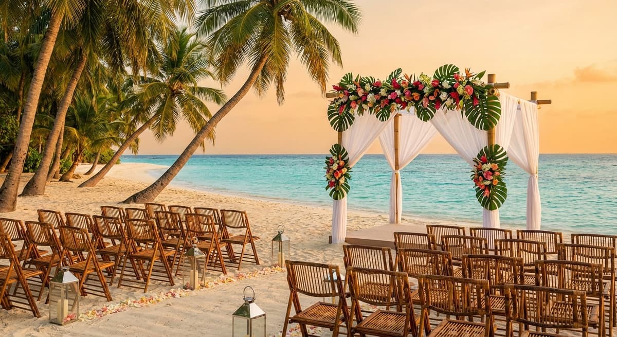 Destination wedding ceremony setup on tropical beach with ocean view and palm trees