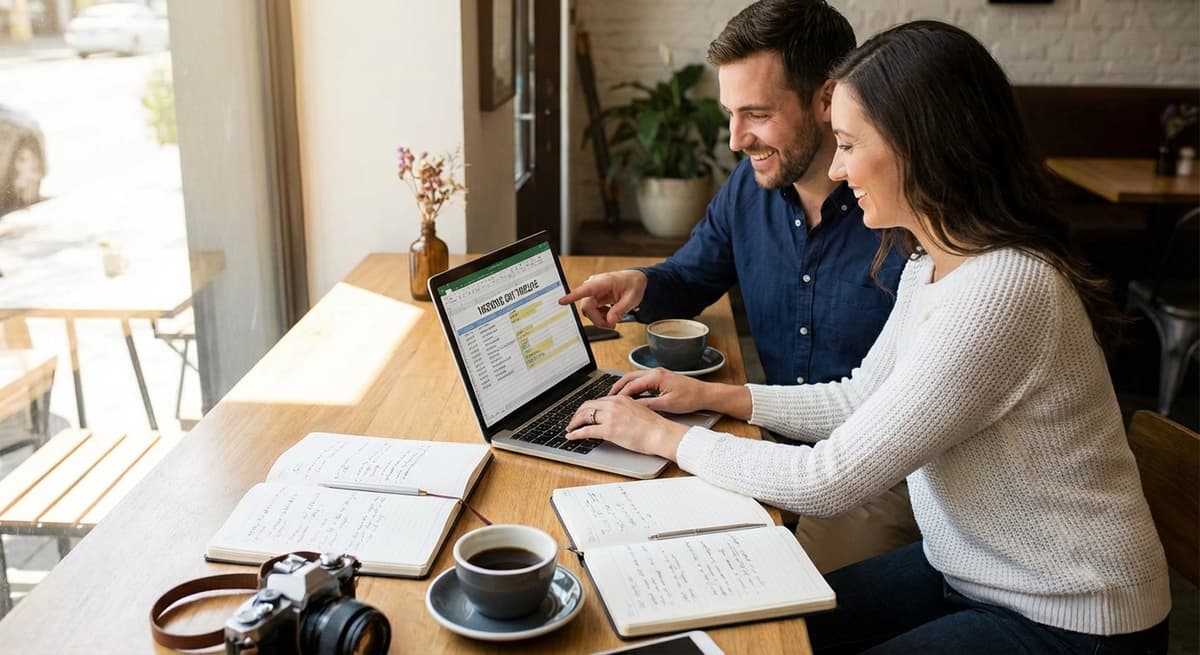 Bride and groom working together on laptop creating wedding day timeline with notebooks and coffee