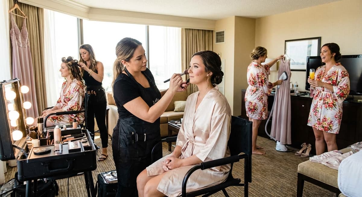 Bride having makeup applied by professional makeup artist while bridesmaids get ready in background