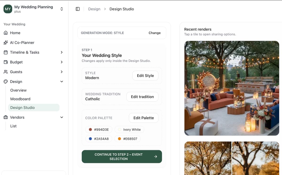 AI-generated wedding moodboard displaying a cohesive vision with ceremony setup, floral arrangements, and reception table design in warm autumn tones