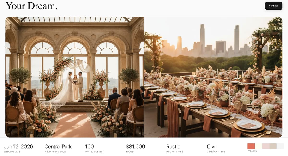 Examples of AI-generated wedding visualizations from ItsaYes Design Studio showing an outdoor ceremony setup, elegant reception table arrangement, and romantic floral centerpiece design
